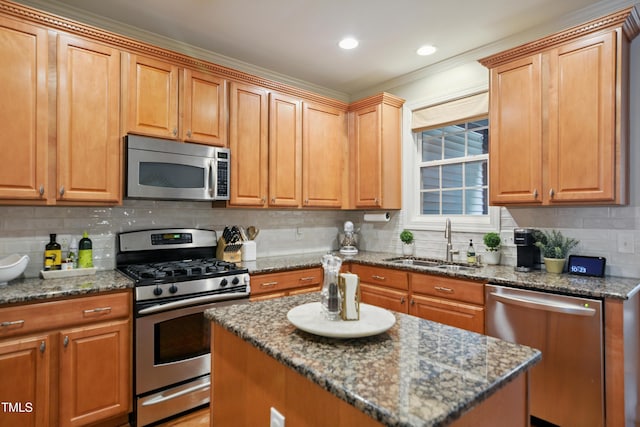 4104 Earl Grey Ct, Raleigh, NC 27612 - kitchen with stainless steel appliances, dark stone countertops, crown molding, tasteful backsplash, and recessed lighting