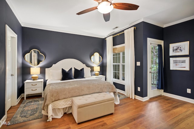 4104 Earl Grey Ct, Raleigh, NC 27612 - bedroom with access to exterior, wood finished floors, crown molding, and ceiling fan