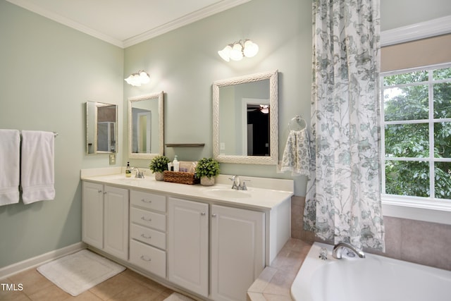 4104 Earl Grey Ct, Raleigh, NC 27612 - bathroom with double vanity, a tub, crown molding, and tile patterned floors