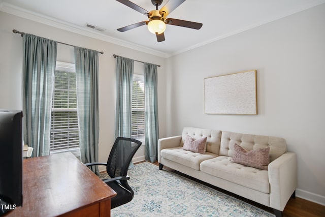4104 Earl Grey Ct, Raleigh, NC 27612 - office area featuring crown molding, ceiling fan, and wood finished floors