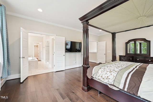 421 Gilpin Way, Cary, NC 27519 - bedroom featuring ornamental molding, decorative columns, wood finished floors, and recessed lighting