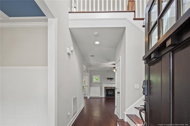 57 Spring Water Ct, Spring Lake, NC 28390 - foyer with ceiling fan, dark wood finished floors, a fireplace, crown molding, and a wainscoted wall