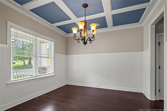 57 Spring Water Ct, Spring Lake, NC 28390 - unfurnished room featuring coffered ceiling, wood finished floors, plenty of natural light, a chandelier, and a wainscoted wall