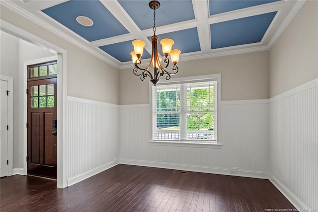 57 Spring Water Ct, Spring Lake, NC 28390 - unfurnished dining area featuring hardwood / wood-style flooring, healthy amount of natural light, coffered ceiling, a wainscoted wall, and a chandelier