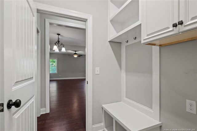 57 Spring Water Ct, Spring Lake, NC 28390 - mudroom featuring dark wood-type flooring, ceiling fan, and a chandelier