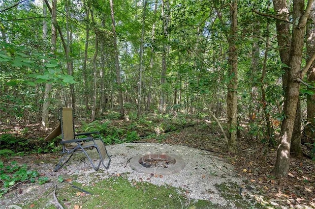 57 Spring Water Ct, Spring Lake, NC 28390 - view of yard with a fire pit and a wooded view