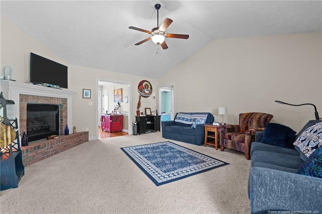 1438 Division Pl, Fayetteville, NC 28312 - living room featuring ceiling fan, carpet, lofted ceiling, and a fireplace