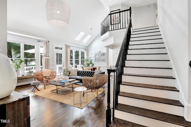 5004 Sunset Forest Cir, Holly Springs, NC 27540 - stairway with wood finished floors and high vaulted ceiling