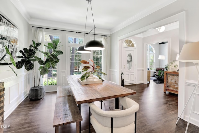5004 Sunset Forest Cir, Holly Springs, NC 27540 - dining room featuring healthy amount of natural light, dark wood finished floors, ornamental molding, and a decorative wall