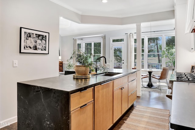 5004 Sunset Forest Cir, Holly Springs, NC 27540 - kitchen with wood finished floors, a kitchen island with sink, ornamental molding, recessed lighting, and decorative columns