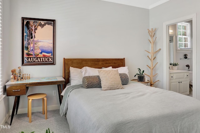 5004 Sunset Forest Cir, Holly Springs, NC 27540 - bedroom with crown molding, carpet flooring, and ensuite bathroom