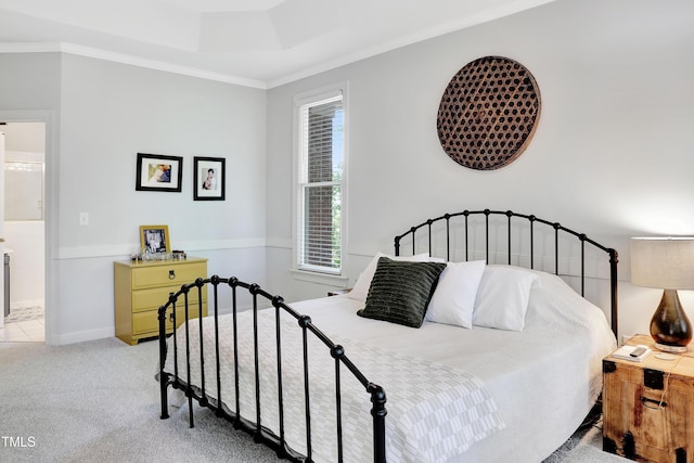 5004 Sunset Forest Cir, Holly Springs, NC 27540 - bedroom with crown molding, light colored carpet, and a raised ceiling