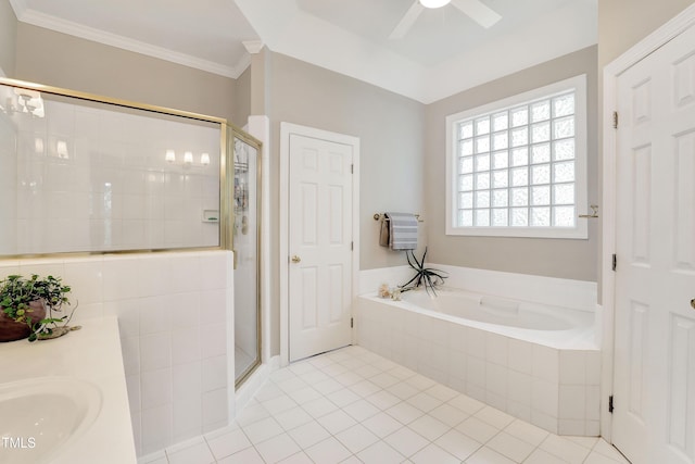 5004 Sunset Forest Cir, Holly Springs, NC 27540 - bathroom with a garden tub, a stall shower, tile patterned flooring, ceiling fan, and ornamental molding