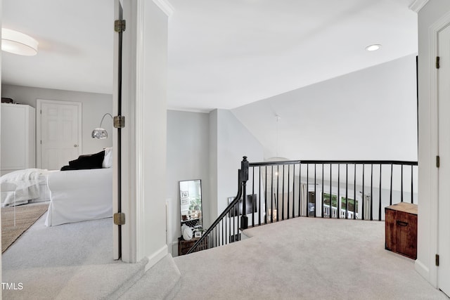 5004 Sunset Forest Cir, Holly Springs, NC 27540 - stairway with carpet floors, plenty of natural light, vaulted ceiling, and recessed lighting