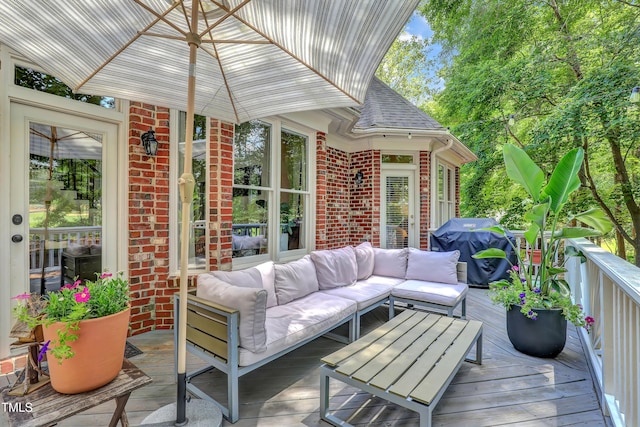 5004 Sunset Forest Cir, Holly Springs, NC 27540 - wooden deck with outdoor lounge area and a grill