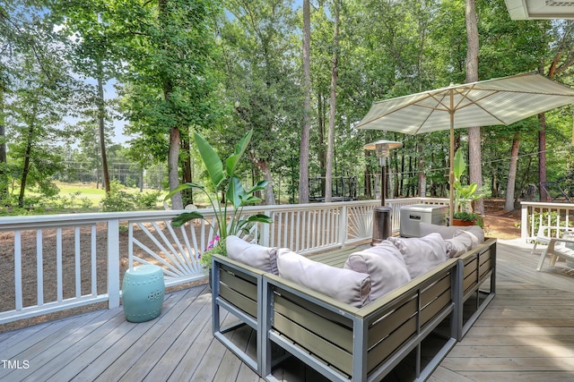 5004 Sunset Forest Cir, Holly Springs, NC 27540 - wooden deck featuring an outdoor hangout area and view of scattered trees