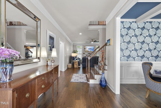 210 Meadow Lake Dr, Youngsville, NC 27596 - entrance foyer featuring stairs, ornamental molding, wood finished floors, wainscoting, and a ceiling fan