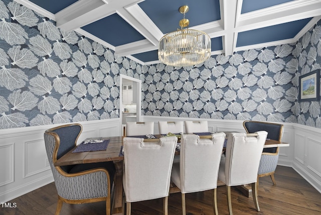 210 Meadow Lake Dr, Youngsville, NC 27596 - dining room with wallpapered walls, coffered ceiling, a chandelier, ornamental molding, and beamed ceiling