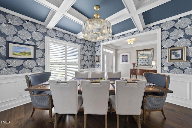 210 Meadow Lake Dr, Youngsville, NC 27596 - dining area with wallpapered walls, coffered ceiling, wainscoting, a chandelier, and wood finished floors