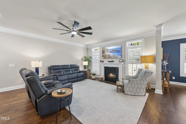 210 Meadow Lake Dr, Youngsville, NC 27596 - living area featuring ornamental molding, a fireplace with flush hearth, ceiling fan, and dark wood-type flooring