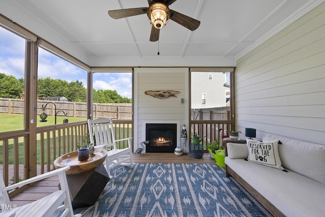 210 Meadow Lake Dr, Youngsville, NC 27596 - sunroom / solarium with a glass covered fireplace and ceiling fan