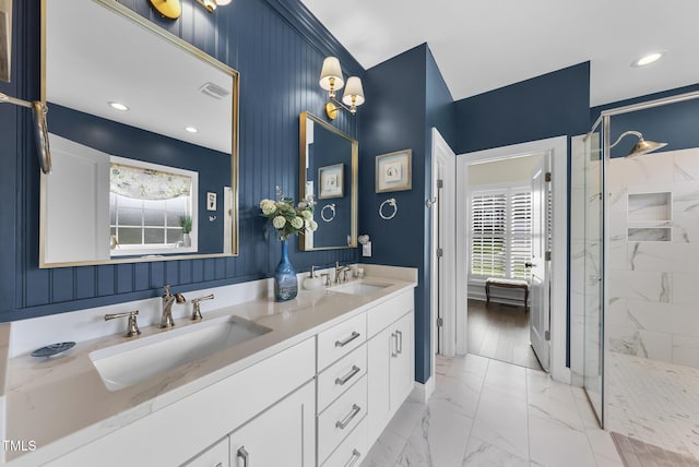 210 Meadow Lake Dr, Youngsville, NC 27596 - full bathroom with marble finish floors, a marble finish shower, double vanity, and healthy amount of natural light