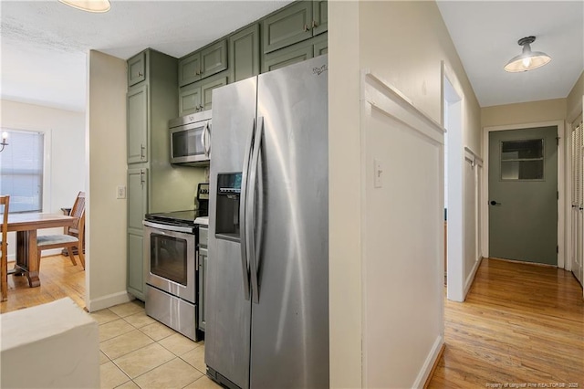 1828 Notre Dame Pl, Fayetteville, NC 28304 - kitchen featuring green cabinets, stainless steel appliances, and light wood-style floors