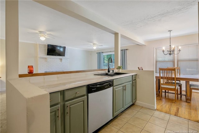 1828 Notre Dame Pl, Fayetteville, NC 28304 - kitchen featuring stainless steel dishwasher, green cabinets, light tile patterned floors, a ceiling fan, and light countertops