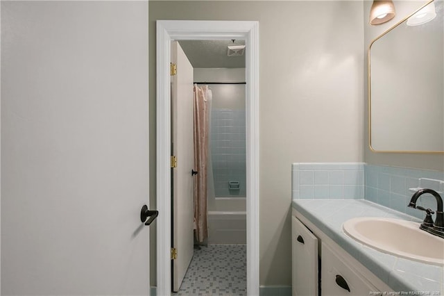 1828 Notre Dame Pl, Fayetteville, NC 28304 - bathroom with vanity, shower / bath combo, and tile patterned floors