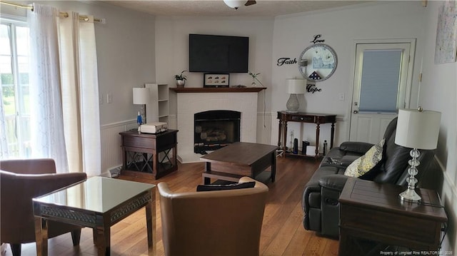 2508 N Roberts Ave N, Lumberton, NC 28358 - living room featuring wood finished floors, a fireplace, ornamental molding, and wainscoting