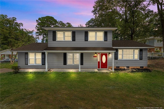 521 Fawn Ct, Fayetteville, NC 28303 - view of front facade with a lawn, a shingled roof, and covered porch