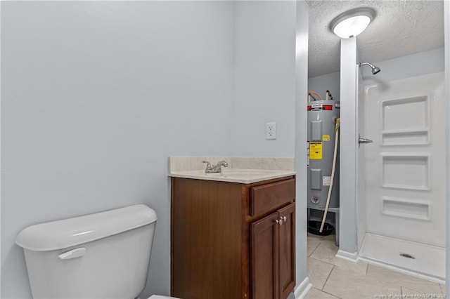 521 Fawn Ct, Fayetteville, NC 28303 - bathroom with vanity, electric water heater, a stall shower, tile patterned flooring, and a textured ceiling
