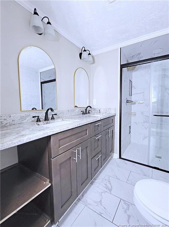 7246 Faircloth Bridge Rd, Stedman, NC 28391 - full bathroom with crown molding, marble finish flooring, double vanity, and a marble finish shower
