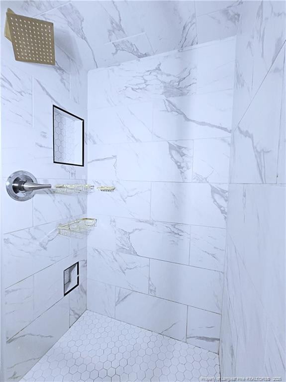 7246 Faircloth Bridge Rd, Stedman, NC 28391 - bathroom with tiled shower and a fireplace