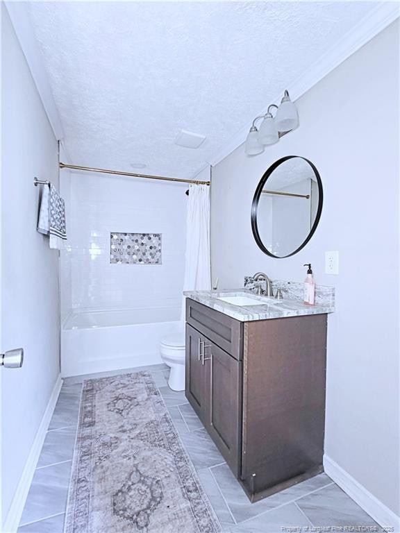 7246 Faircloth Bridge Rd, Stedman, NC 28391 - bathroom with shower / bathtub combination with curtain, vanity, and a textured ceiling