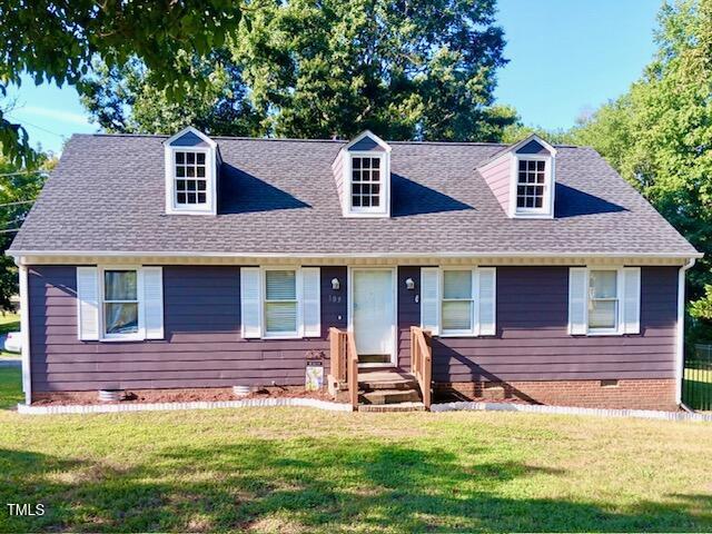 105 Meadow Brook Ln, Oxford, NC 27565 - cape cod home with crawl space, a front lawn, and roof with shingles