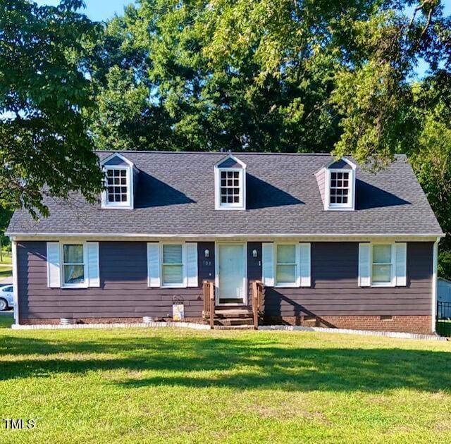 105 Meadow Brook Ln, Oxford, NC 27565 - cape cod house with crawl space, a front lawn, roof with shingles, and entry steps