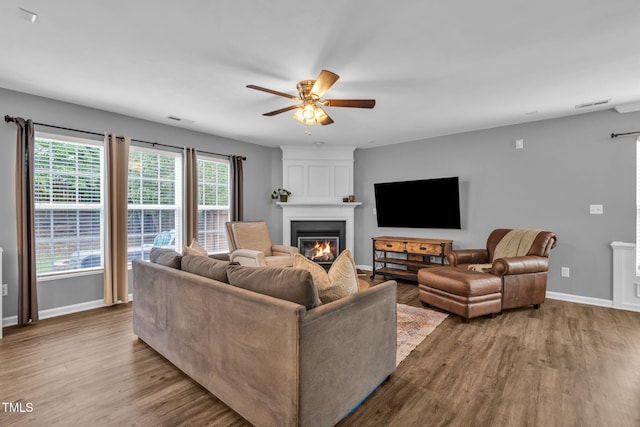 2127 Rivergrass Ct, Raleigh, NC 27610 - living room with a ceiling fan, wood finished floors, and a fireplace