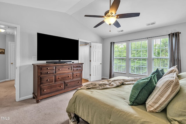 2127 Rivergrass Ct, Raleigh, NC 27610 - bedroom with lofted ceiling, light carpet, and a ceiling fan