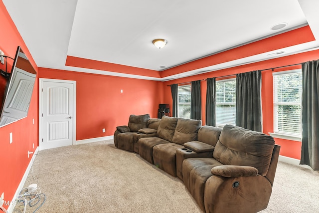 428 Holsten Bank Way, Cary, NC 27519 - carpeted cinema featuring a tray ceiling and healthy amount of natural light