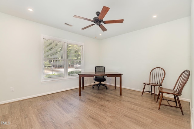 1520 Woodcroft Dr, Raleigh, NC 27609 - home office featuring light wood-type flooring, ceiling fan, and recessed lighting