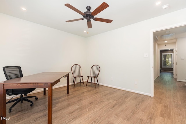 1520 Woodcroft Dr, Raleigh, NC 27609 - office space with attic access, light wood finished floors, ceiling fan, and recessed lighting