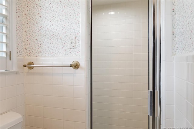 2630 Dartmouth Dr, Fayetteville, NC 28304 - full bathroom with wallpapered walls, wainscoting, and a stall shower