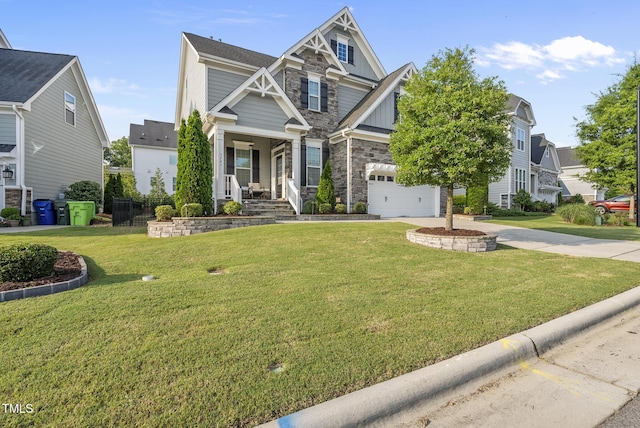 7741 Wilderness Rd, Raleigh, NC 27613 - craftsman-style home featuring stone siding, driveway, covered porch, board and batten siding, and a front yard