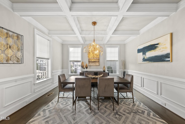7741 Wilderness Rd, Raleigh, NC 27613 - dining area featuring wood finished floors, beamed ceiling, a chandelier, a wainscoted wall, and coffered ceiling