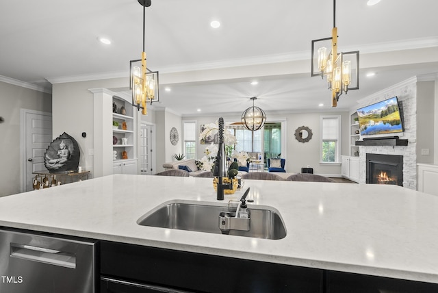 7741 Wilderness Rd, Raleigh, NC 27613 - kitchen featuring open floor plan, dishwasher, a chandelier, dark cabinets, and recessed lighting