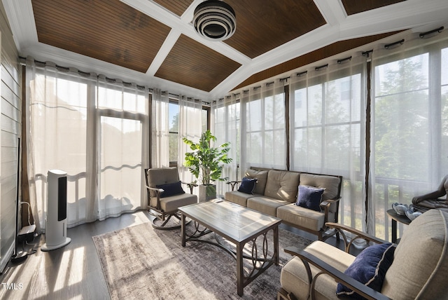 7741 Wilderness Rd, Raleigh, NC 27613 - sunroom / solarium featuring wood finished floors and a wood ceiling with exposed beams
