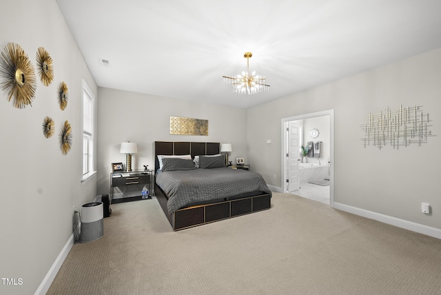 7741 Wilderness Rd, Raleigh, NC 27613 - bedroom featuring carpet flooring, a chandelier, and ensuite bathroom