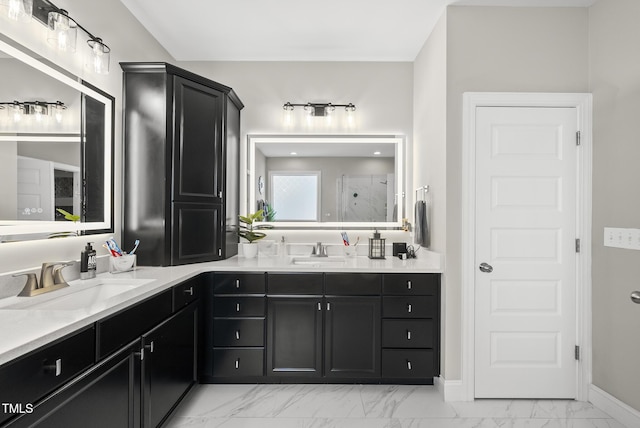 7741 Wilderness Rd, Raleigh, NC 27613 - bathroom with marble look tile flooring, double vanity, and a stall shower