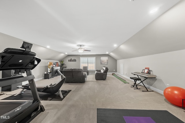7741 Wilderness Rd, Raleigh, NC 27613 - workout area with vaulted ceiling, ceiling fan, and carpet